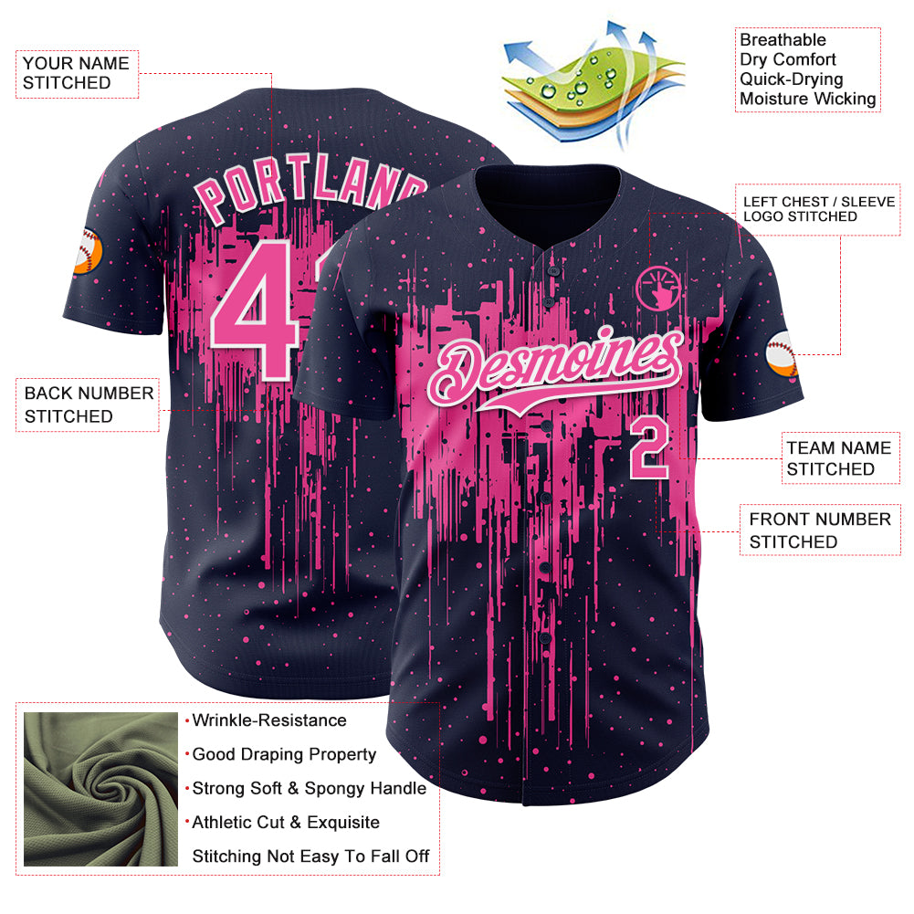 Custom Navy Pink-White Dripping Splatter Paint Authentic Baseball Jersey