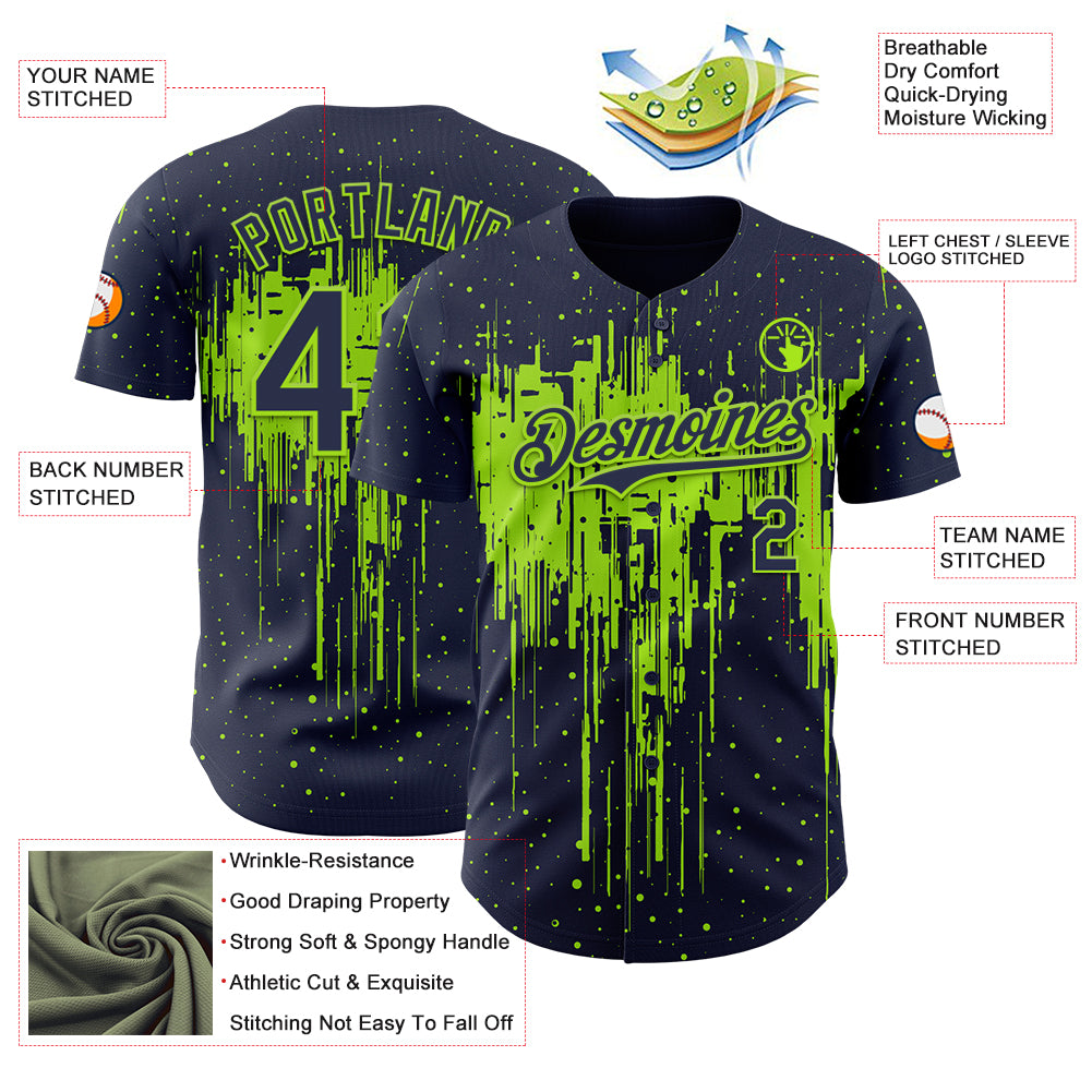 Custom Navy Neon Green Dripping Splatter Paint Authentic Baseball Jersey