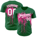 Custom Kelly Green White-Pink Dripping Splatter Paint Authentic Baseball Jersey