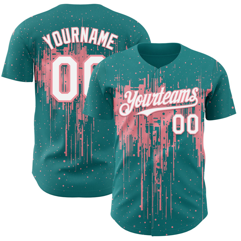 Custom Teal White-Medium Pink Dripping Splatter Paint Authentic Baseball Jersey