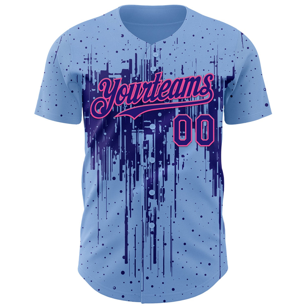 Custom Light Blue Dark Purple-Pink Dripping Splatter Paint Authentic Baseball Jersey