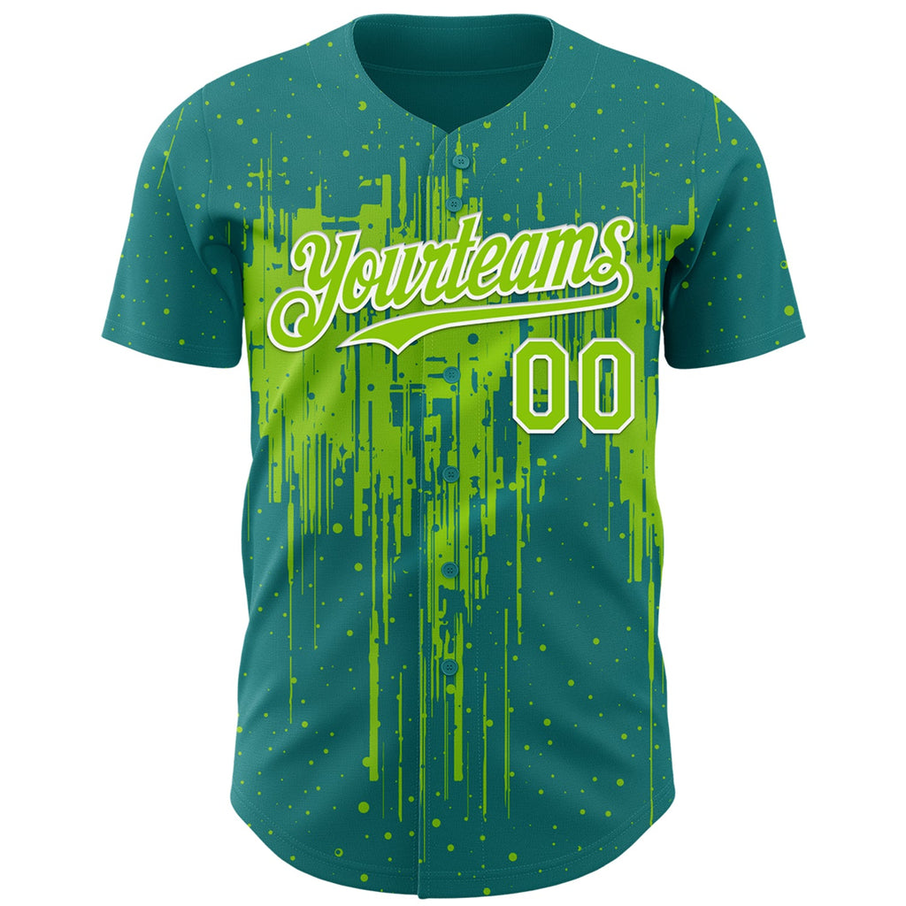 Custom Teal Neon Green-White Dripping Splatter Paint Authentic Baseball Jersey