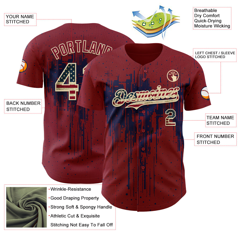 Custom Crimson Vintage USA Flag Cream-Navy Dripping Splatter Paint Authentic Baseball Jersey