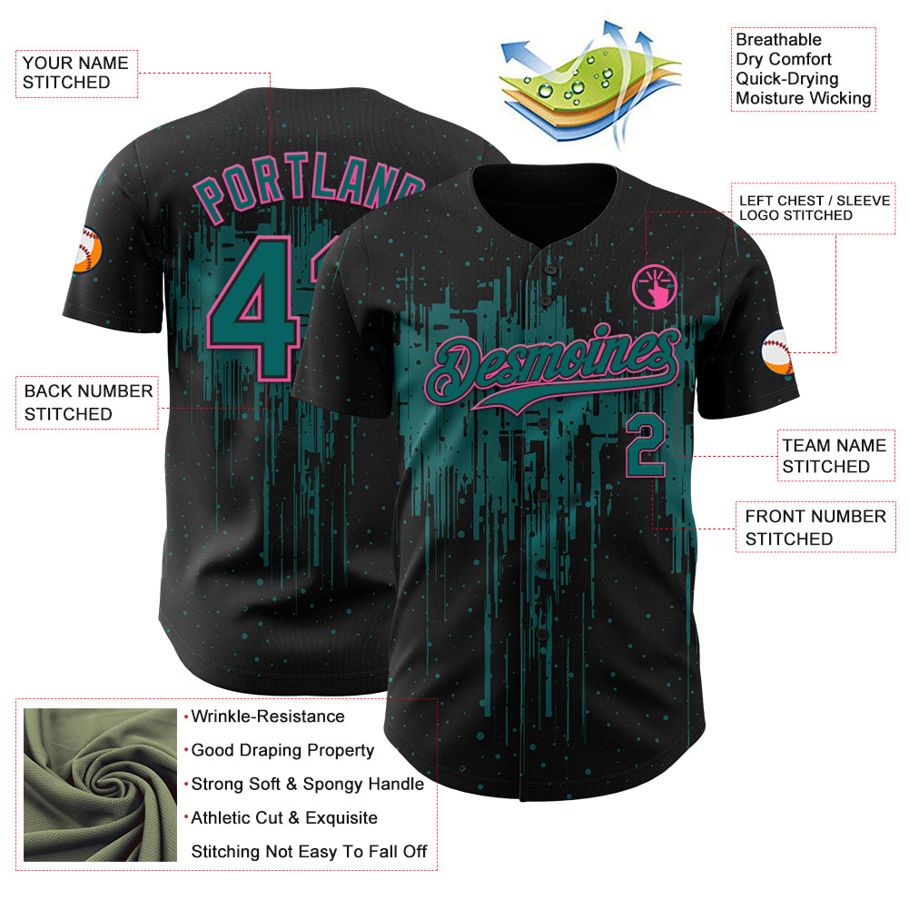 Custom Black Teal-Pink Dripping Splatter Paint Authentic Baseball Jersey