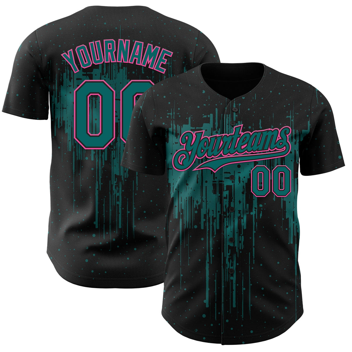 Custom Black Teal-Pink Dripping Splatter Paint Authentic Baseball Jersey