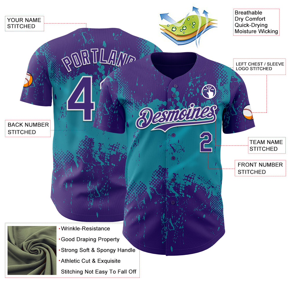 Custom Purple Teal-White Abstract Splatter Grunge Paint Authentic Baseball Jersey