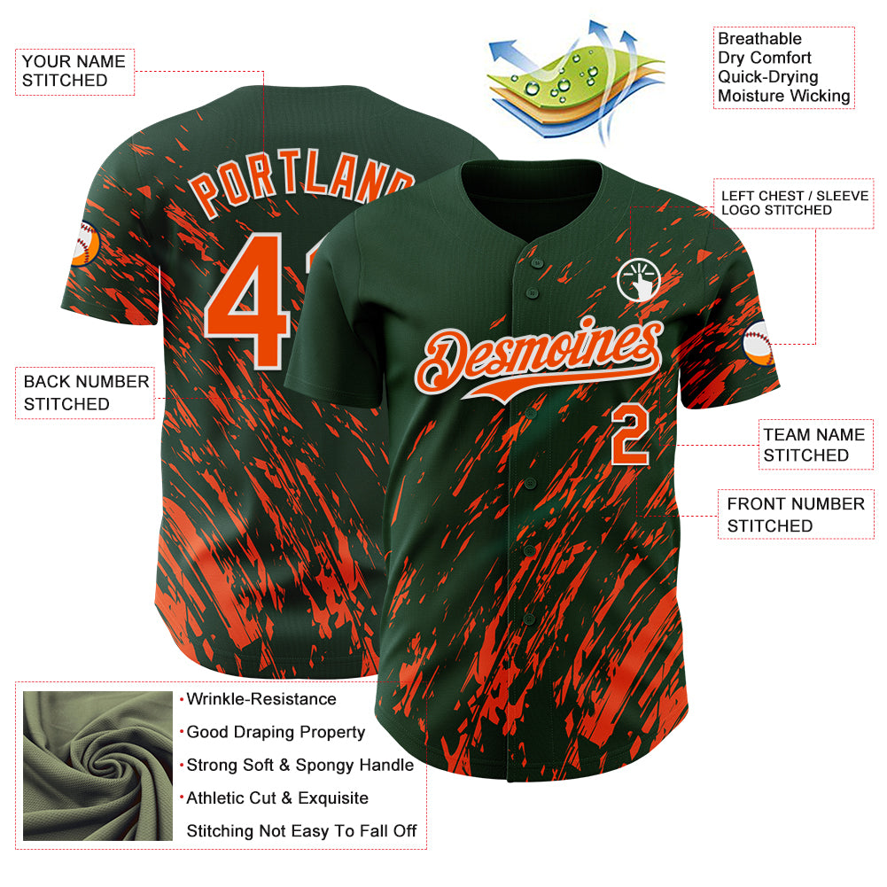 Custom Green Orange-White Paint Stroke Grunge Streak Authentic Baseball Jersey
