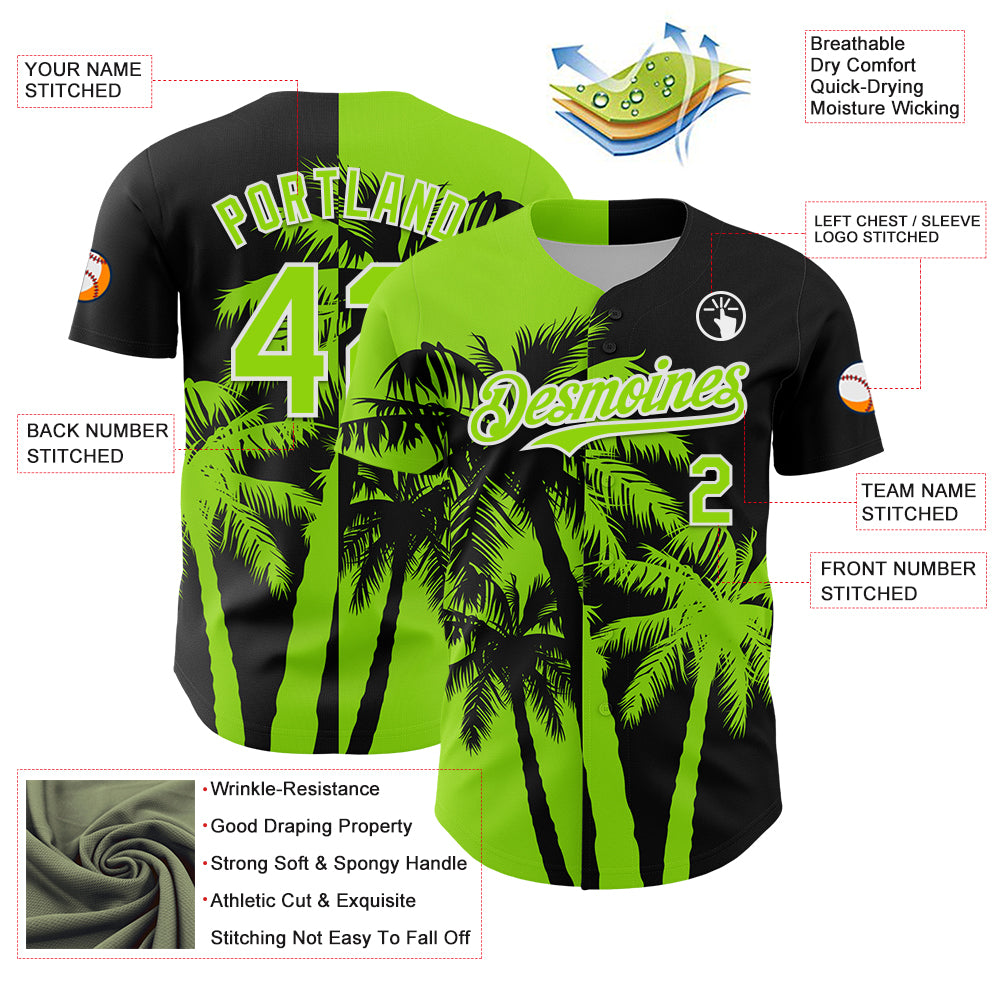 Custom Black Neon Green-White Hawaii Palm Trees Tropical Coconut Authentic Baseball Jersey