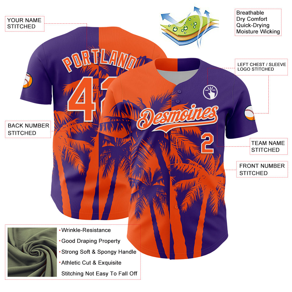 Custom Purple Orange-White Hawaii Palm Trees Tropical Coconut Authentic Baseball Jersey