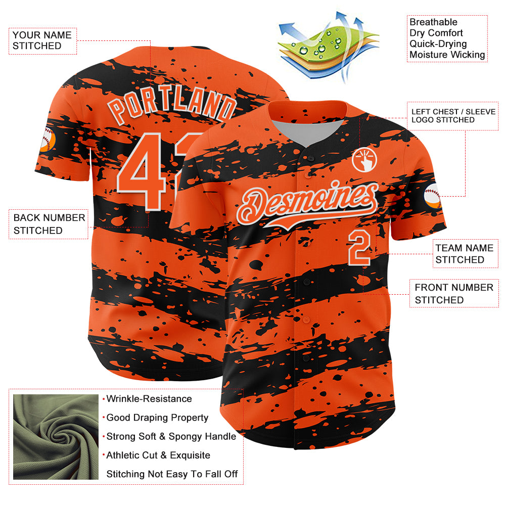 Custom Orange Black-White Paint Splash Stripe Authentic Baseball Jersey