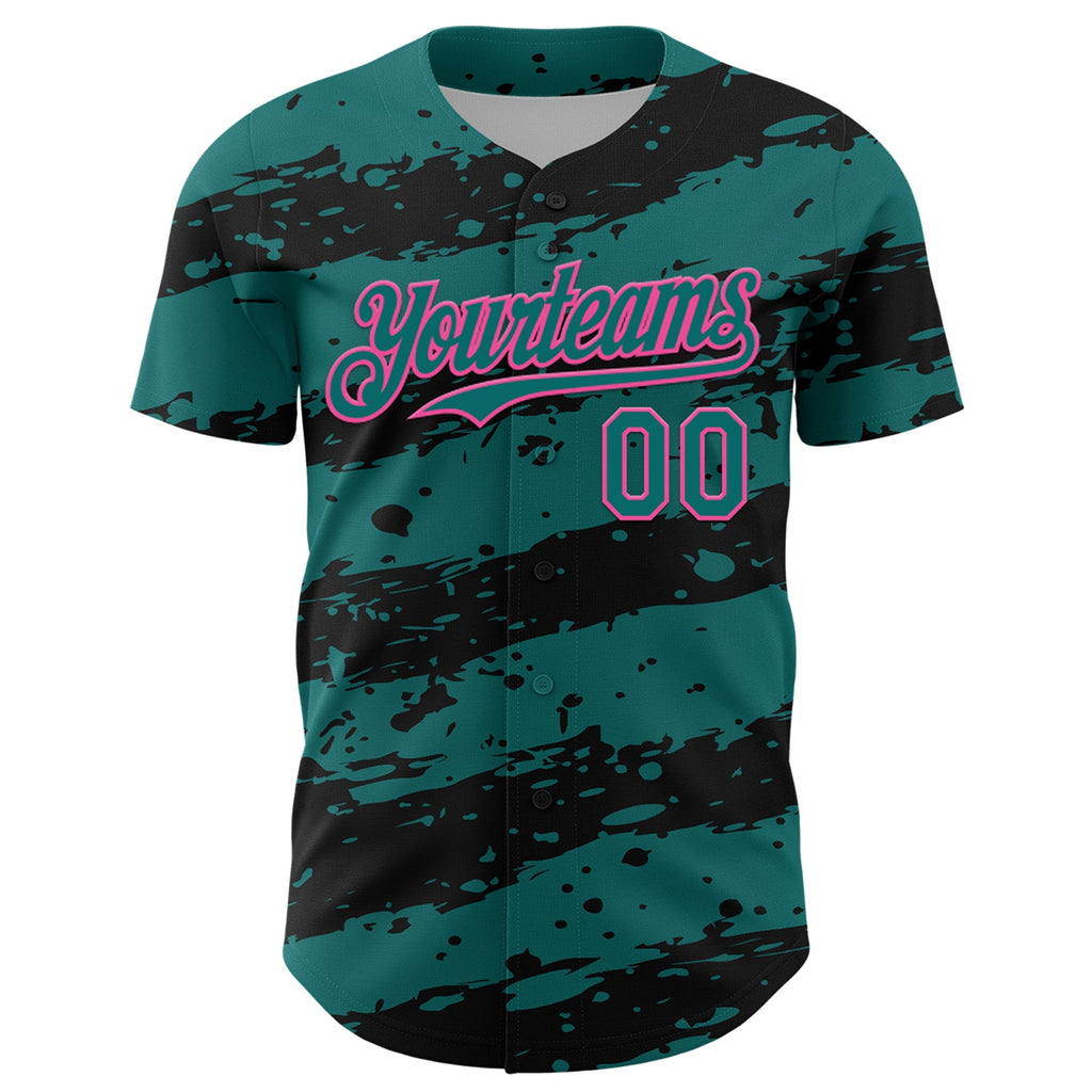 Custom Teal Black-Pink Paint Splash Stripe Authentic Baseball Jersey