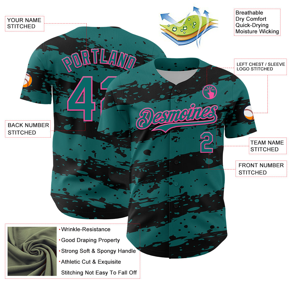 Custom Teal Black-Pink Paint Splash Stripe Authentic Baseball Jersey