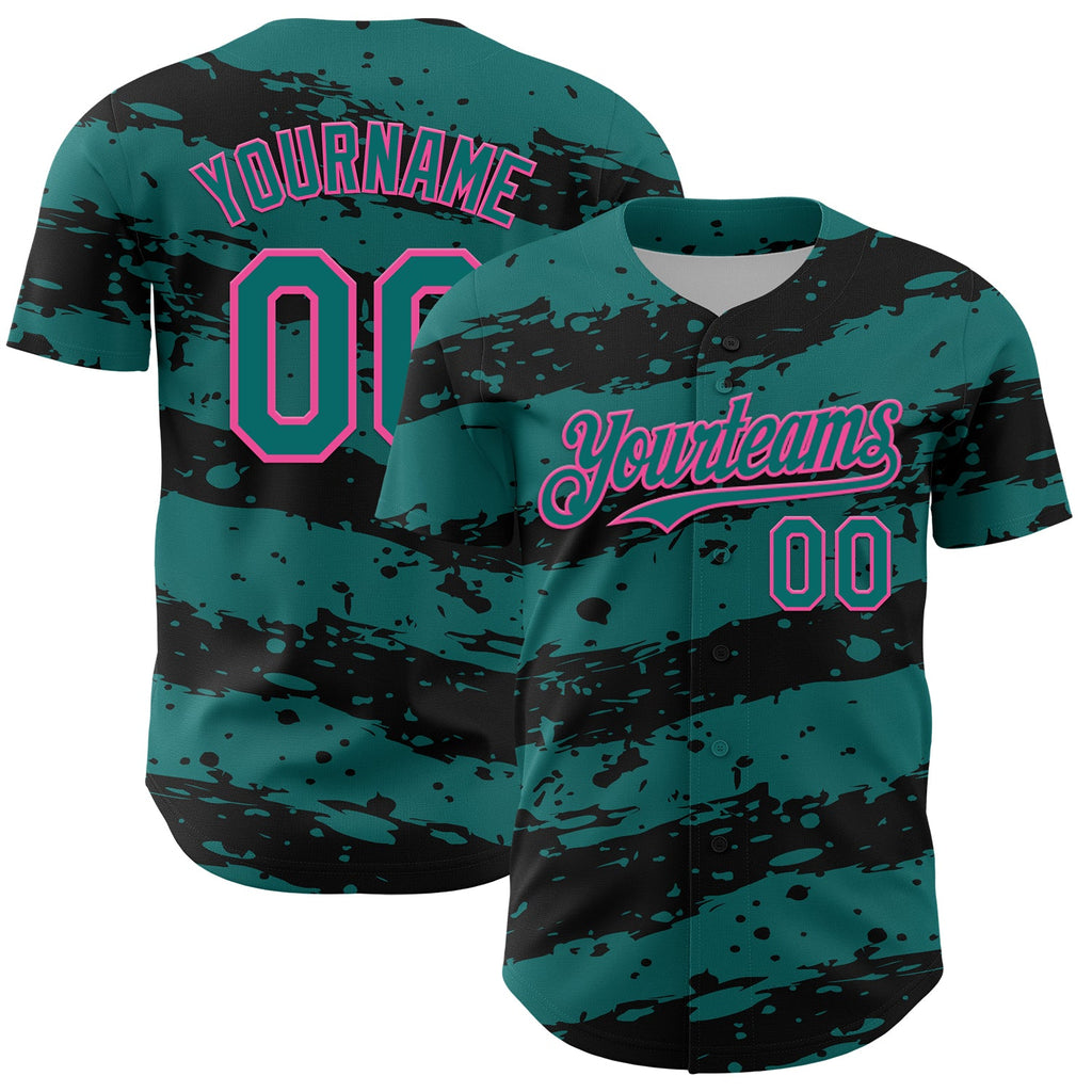Custom Teal Black-Pink Paint Splash Stripe Authentic Baseball Jersey