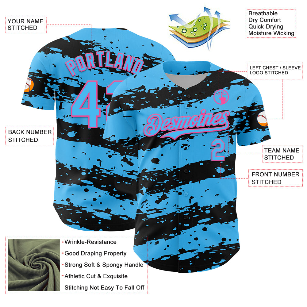 Custom Sky Blue Black-Pink Paint Splash Stripe Authentic Baseball Jersey