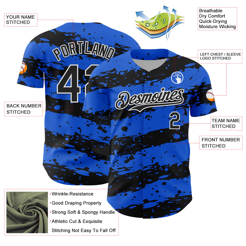Custom Thunder Blue Black-White Paint Splash Stripe Authentic Baseball Jersey