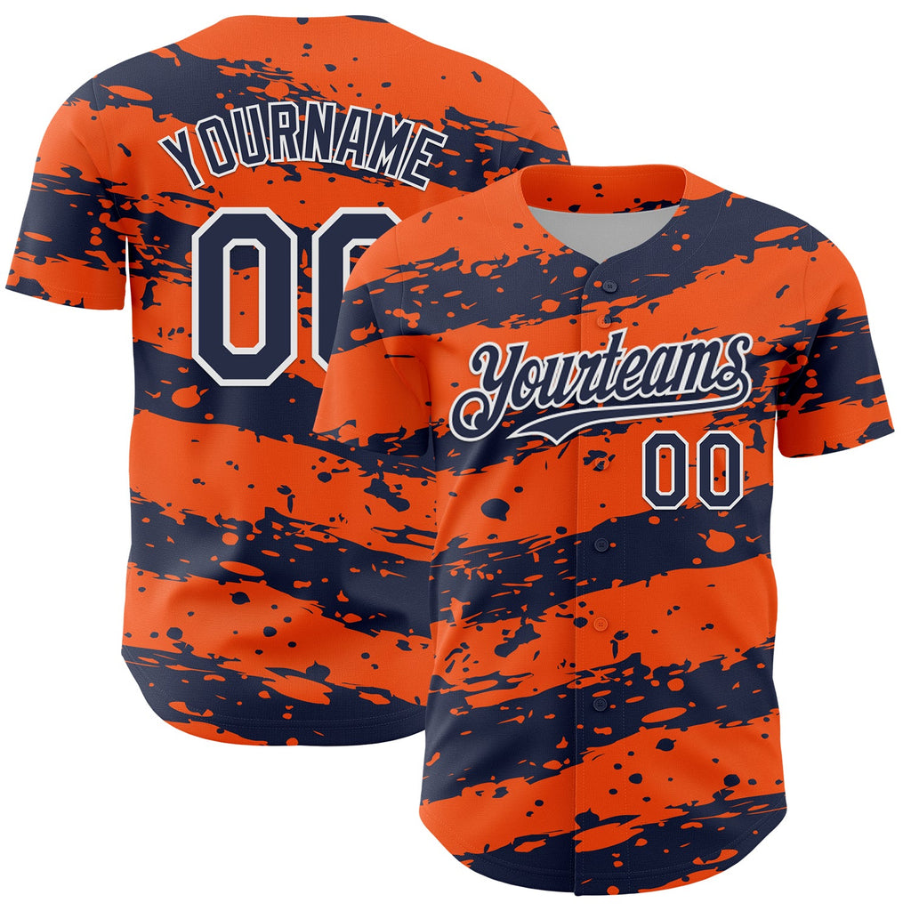 Custom Orange Navy-White Paint Splash Stripe Authentic Baseball Jersey