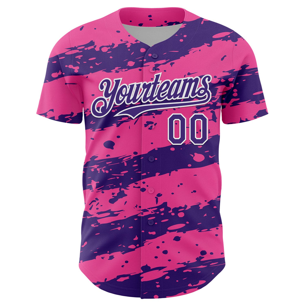 Custom Pink Purple-White Paint Splash Stripe Authentic Baseball Jersey