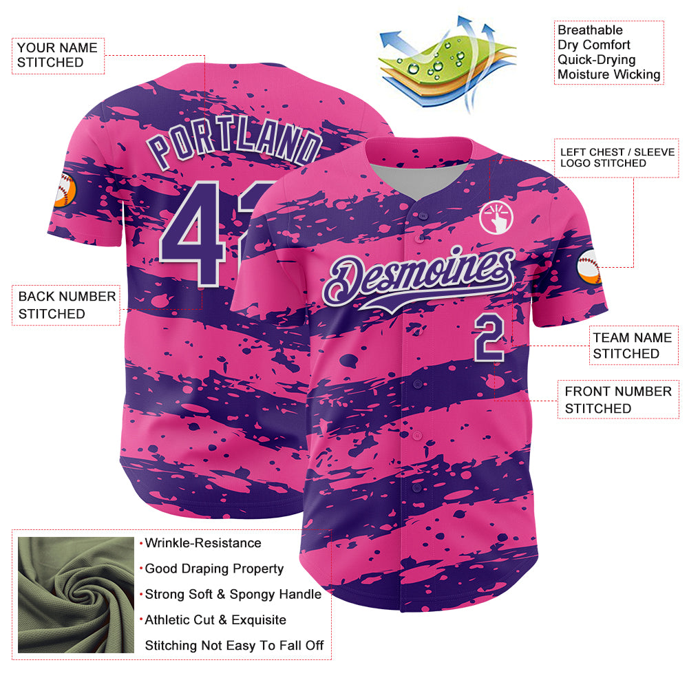 Custom Pink Purple-White Paint Splash Stripe Authentic Baseball Jersey