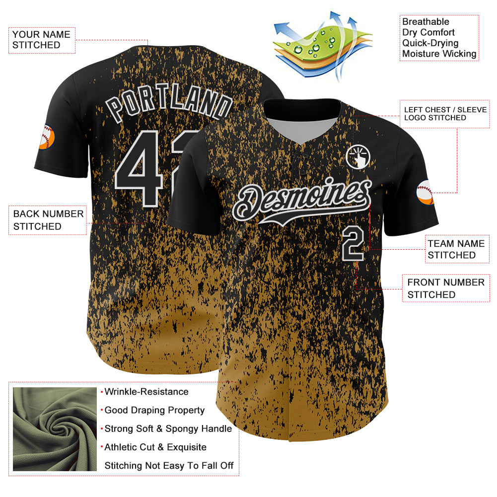 Custom Black Old Gold-White Abstract Fragment Splatter Authentic Baseball Jersey