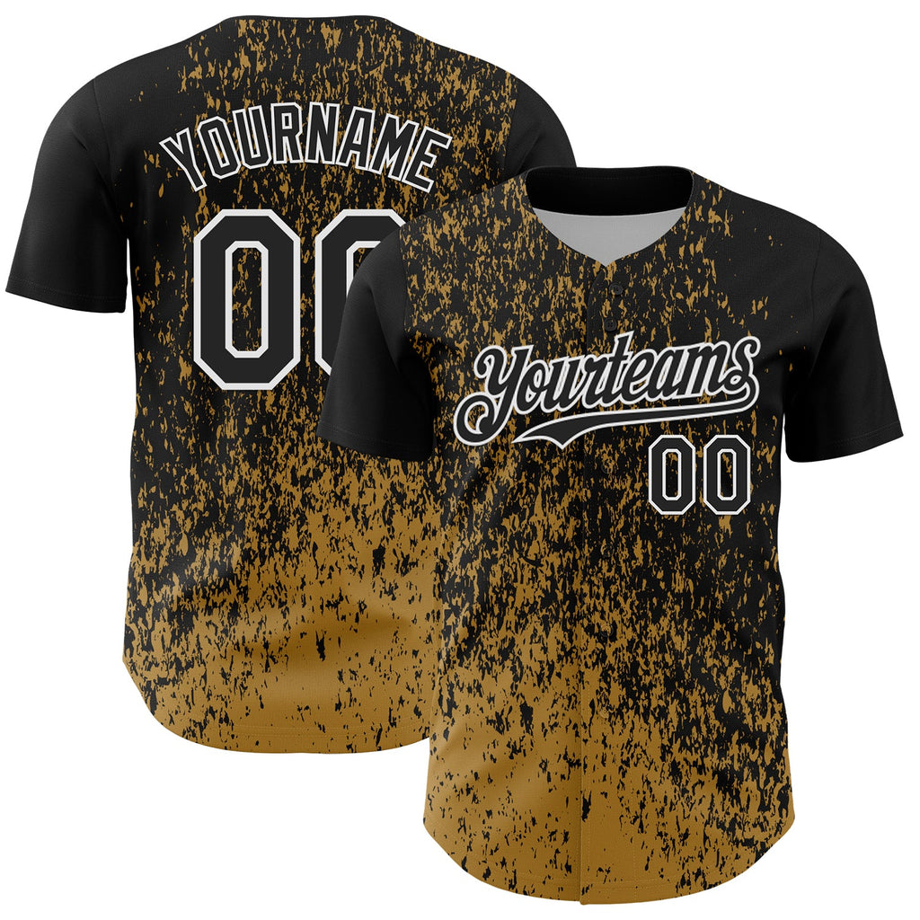 Custom Black Old Gold-White Abstract Fragment Splatter Authentic Baseball Jersey