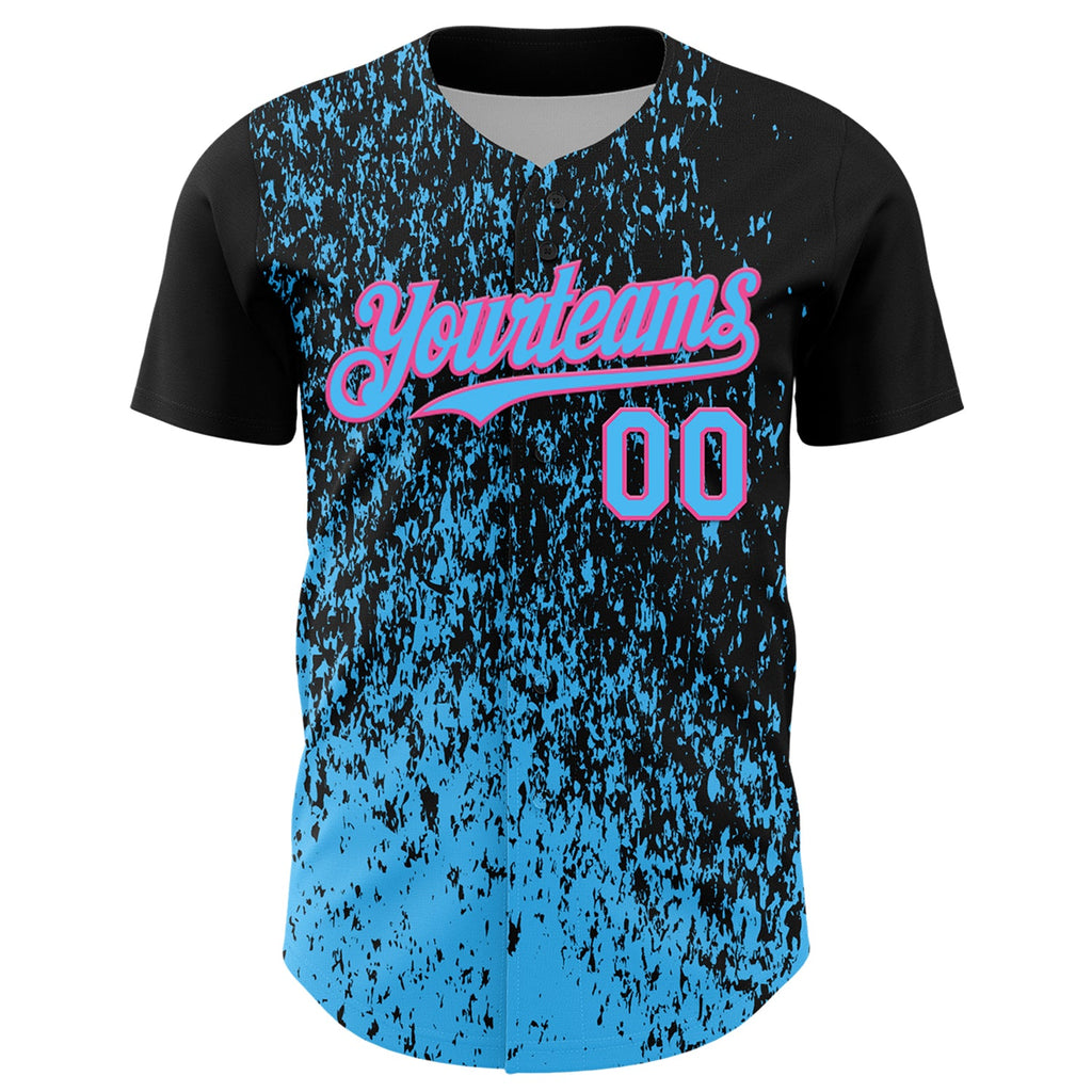 Custom Black Sky Blue-Pink Abstract Fragment Splatter Authentic Baseball Jersey