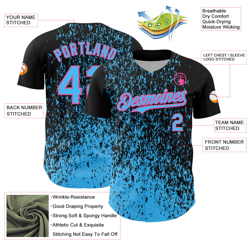 Custom Black Sky Blue-Pink Abstract Fragment Splatter Authentic Baseball Jersey