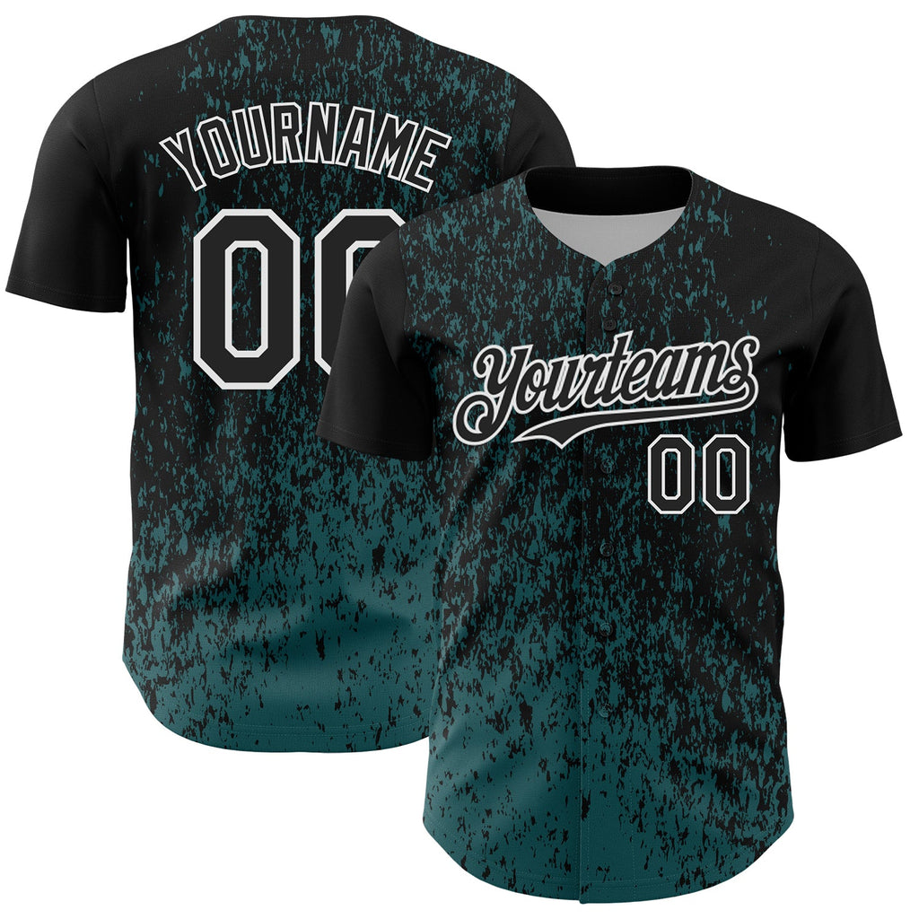 Custom Black Midnight Green-White Abstract Fragment Splatter Authentic Baseball Jersey