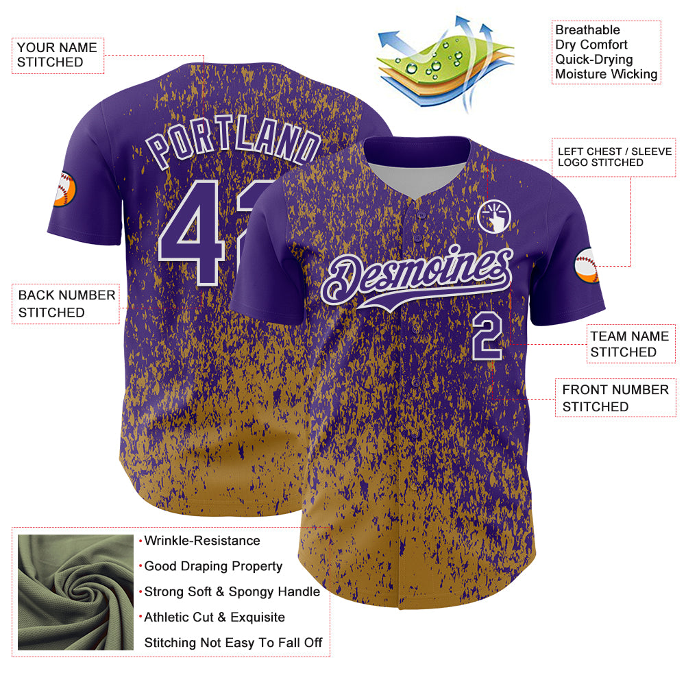Custom Purple Old Gold-White Abstract Fragment Splatter Authentic Baseball Jersey