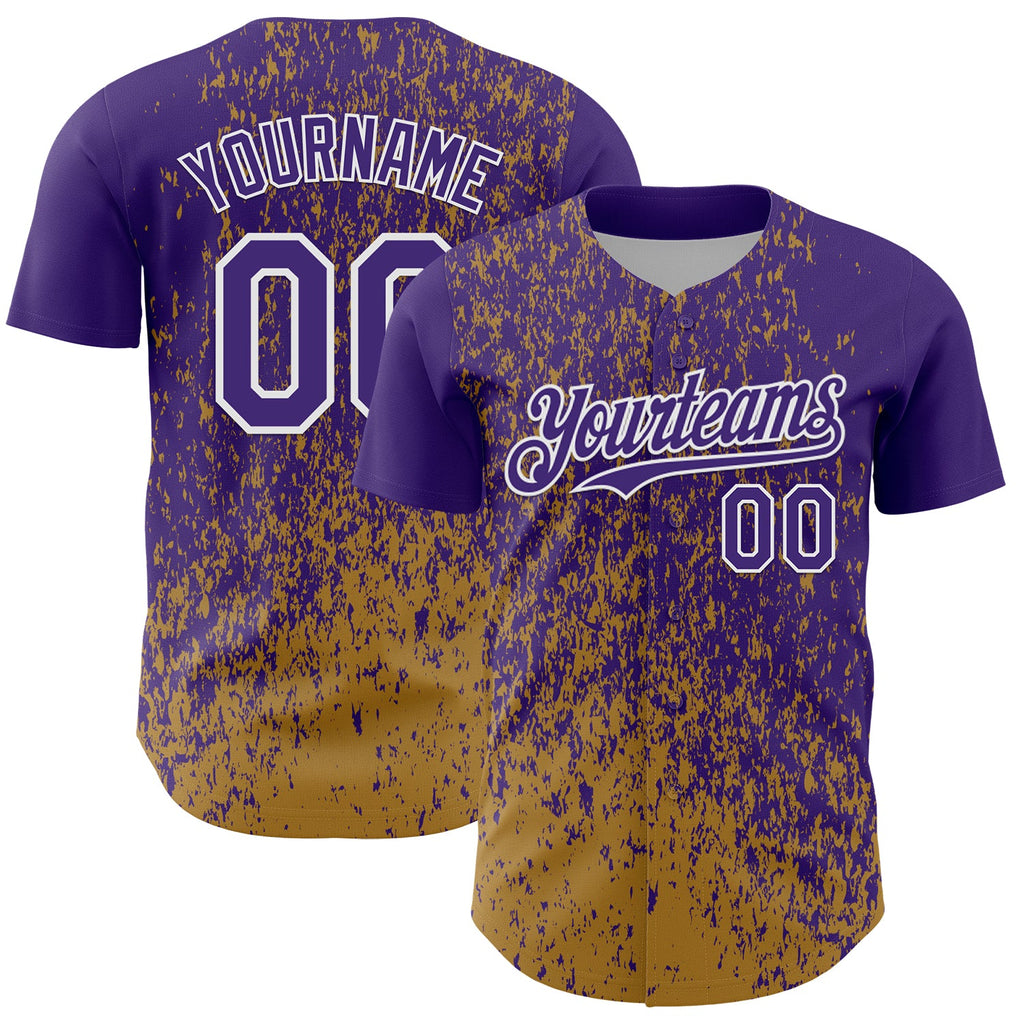 Custom Purple Old Gold-White Abstract Fragment Splatter Authentic Baseball Jersey