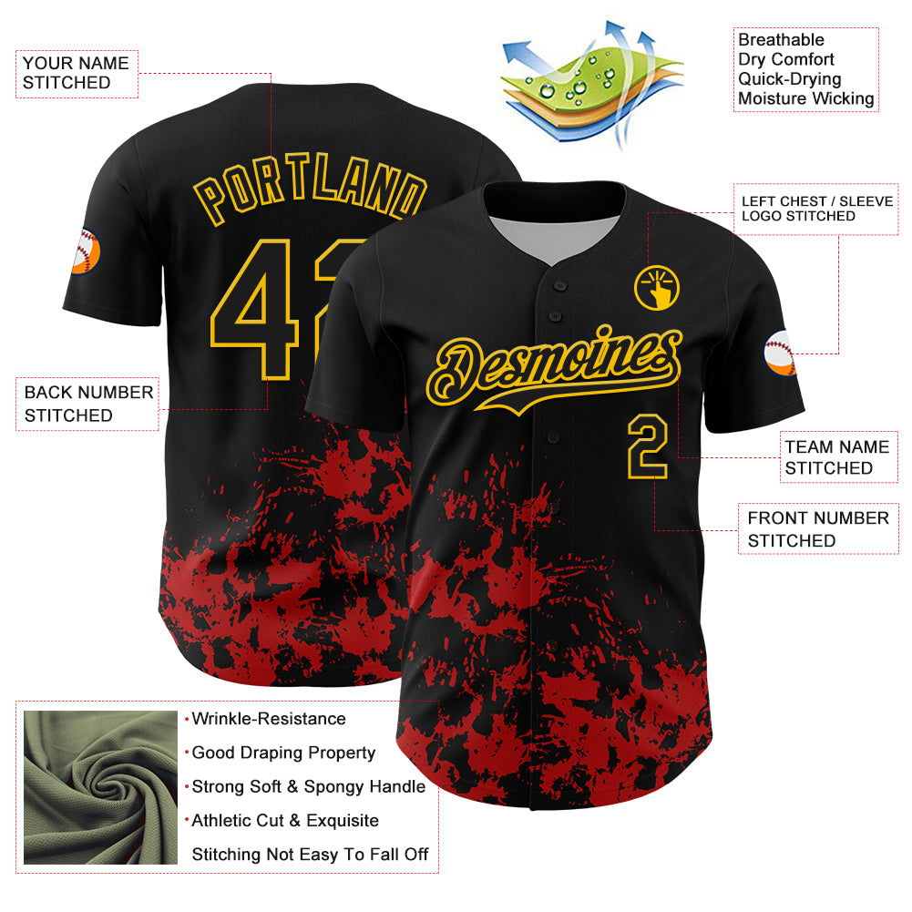 Custom Black Yellow-Red Splatter Authentic Baseball Jersey