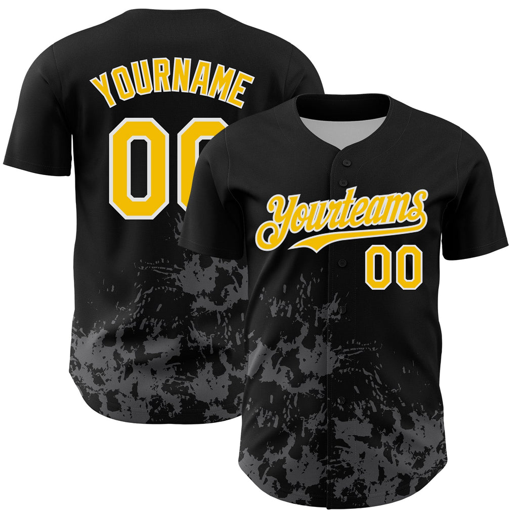 Custom Black Yellow White-Gray Splatter Authentic Baseball Jersey