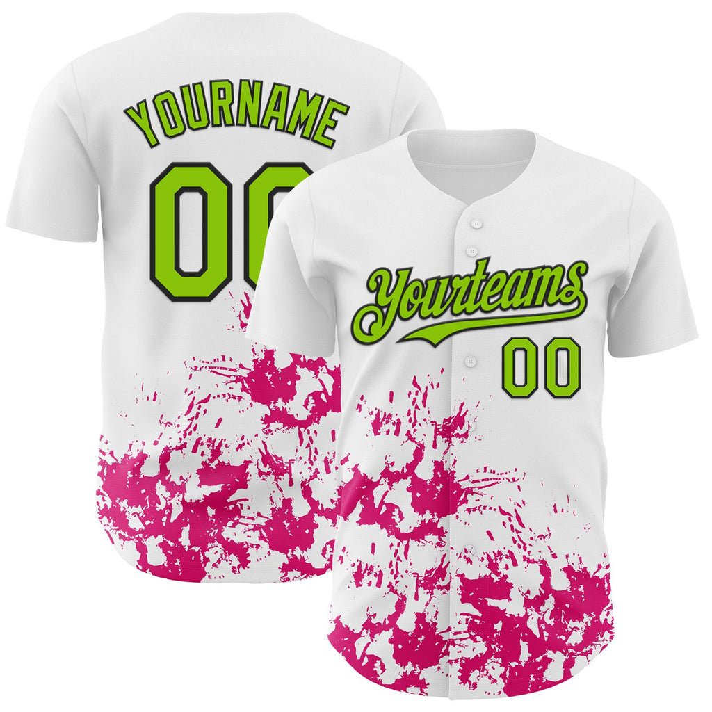 Custom White Neon Green Black-Pink Splatter Authentic Baseball Jersey