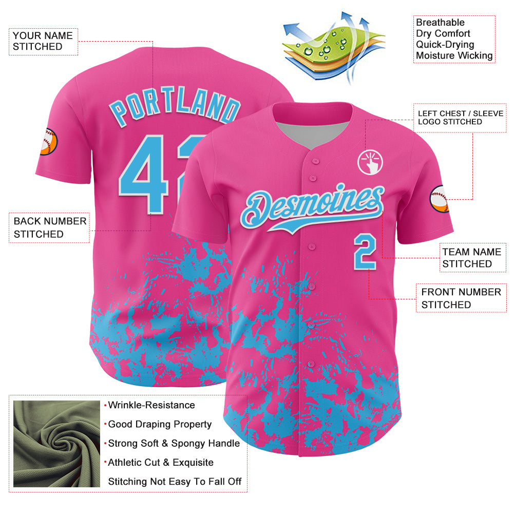 Custom Pink Sky Blue-White Splatter Authentic Baseball Jersey