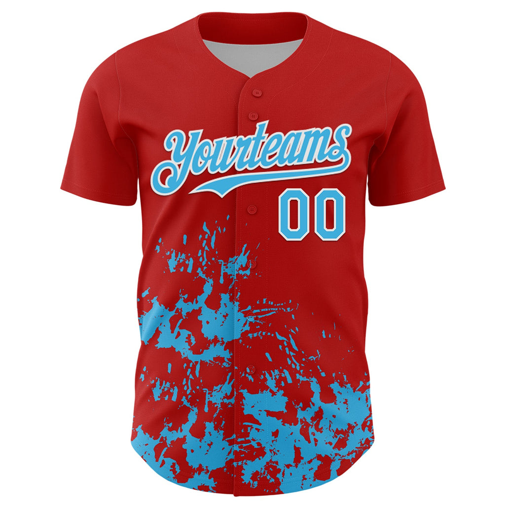 Custom Red Sky Blue-White Splatter Authentic Baseball Jersey