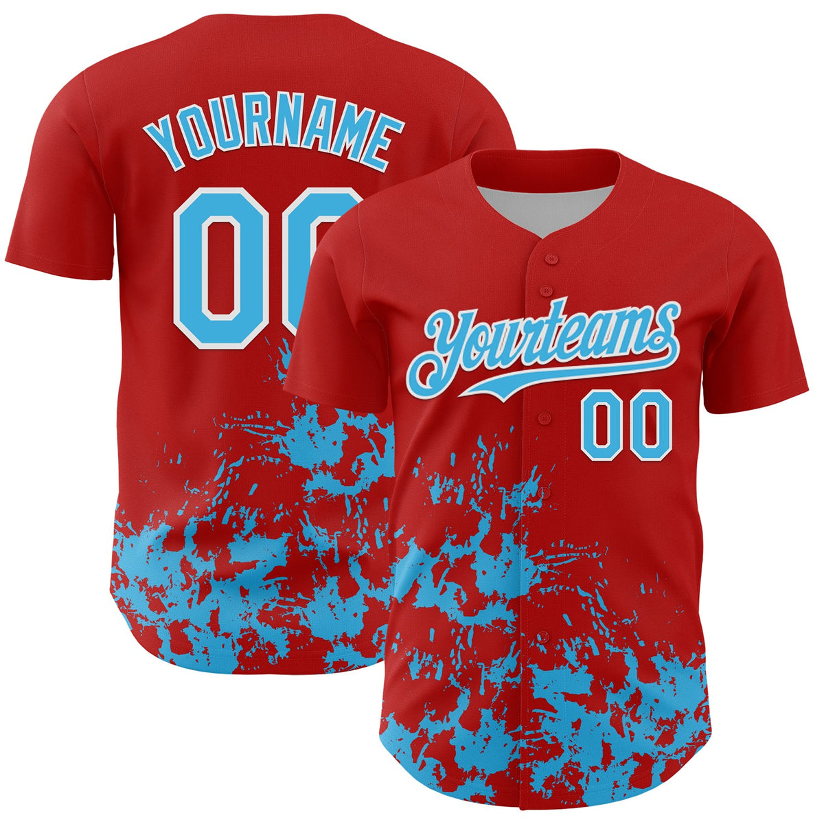 Custom Red Sky Blue-White Splatter Authentic Baseball Jersey