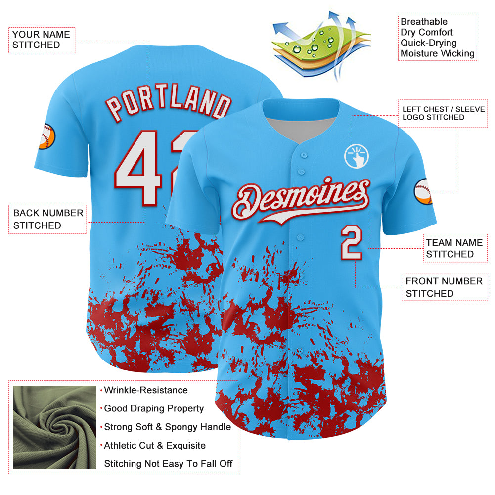 Custom Sky Blue White-Red Splatter Authentic Baseball Jersey