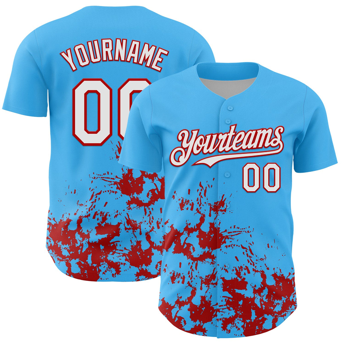Custom Sky Blue White-Red Splatter Authentic Baseball Jersey