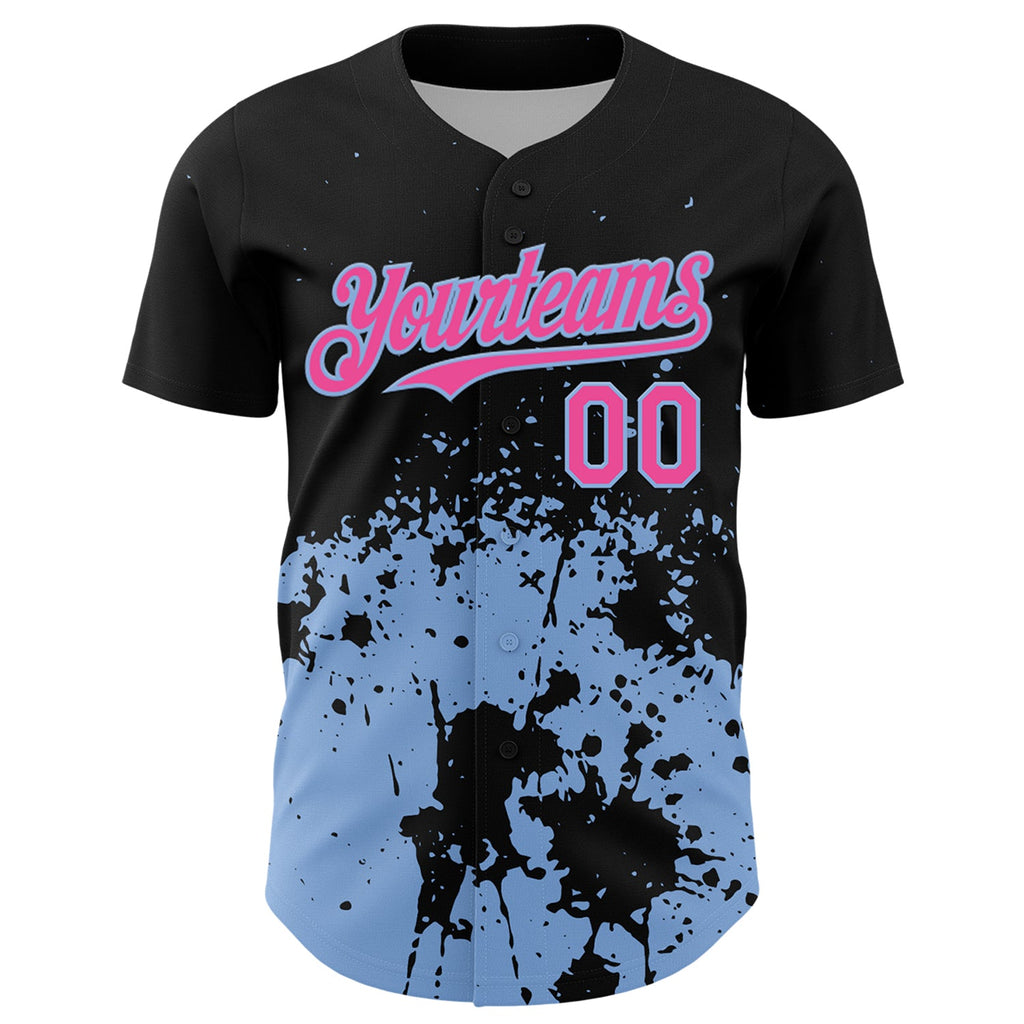 Custom Black Pink-Light Blue Abstract Splatter Grunge Authentic Baseball Jersey