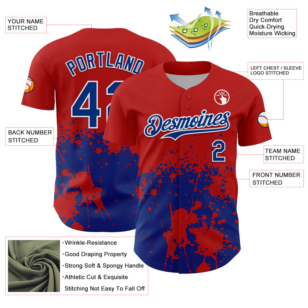 Custom Red Royal-White Abstract Splatter Grunge Authentic Baseball Jersey