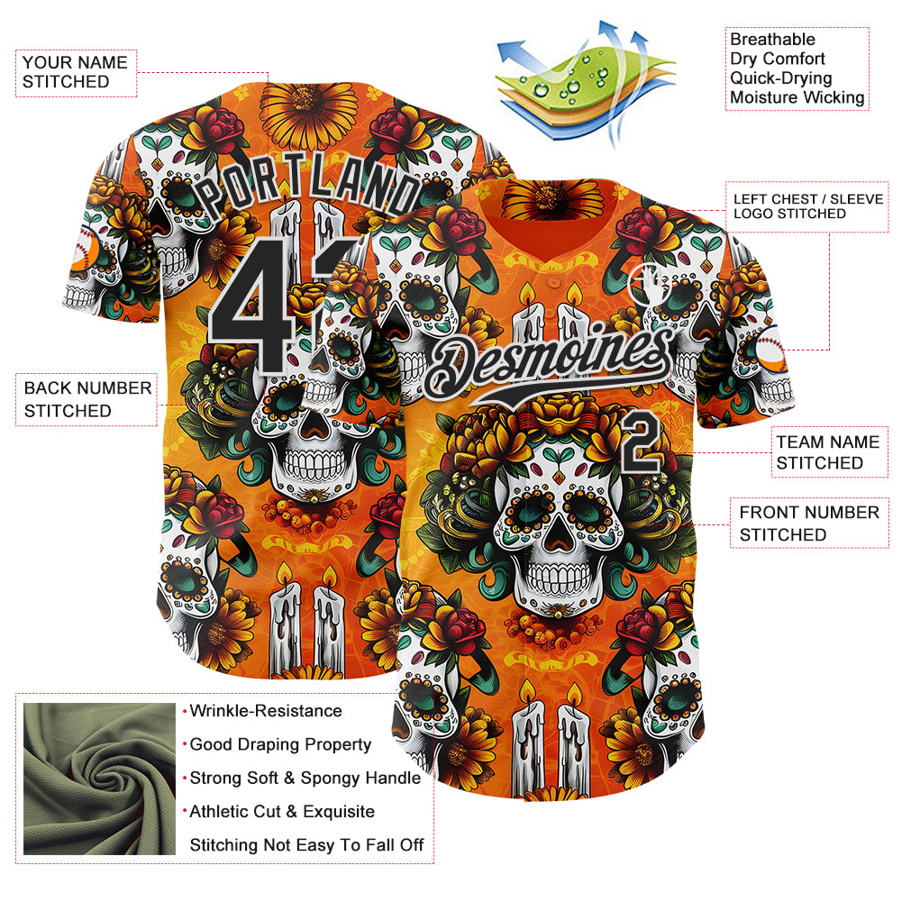 Custom Orange Black-White Sugar Skull Day of the Dead Mexican Folk Art Authentic Baseball Jersey