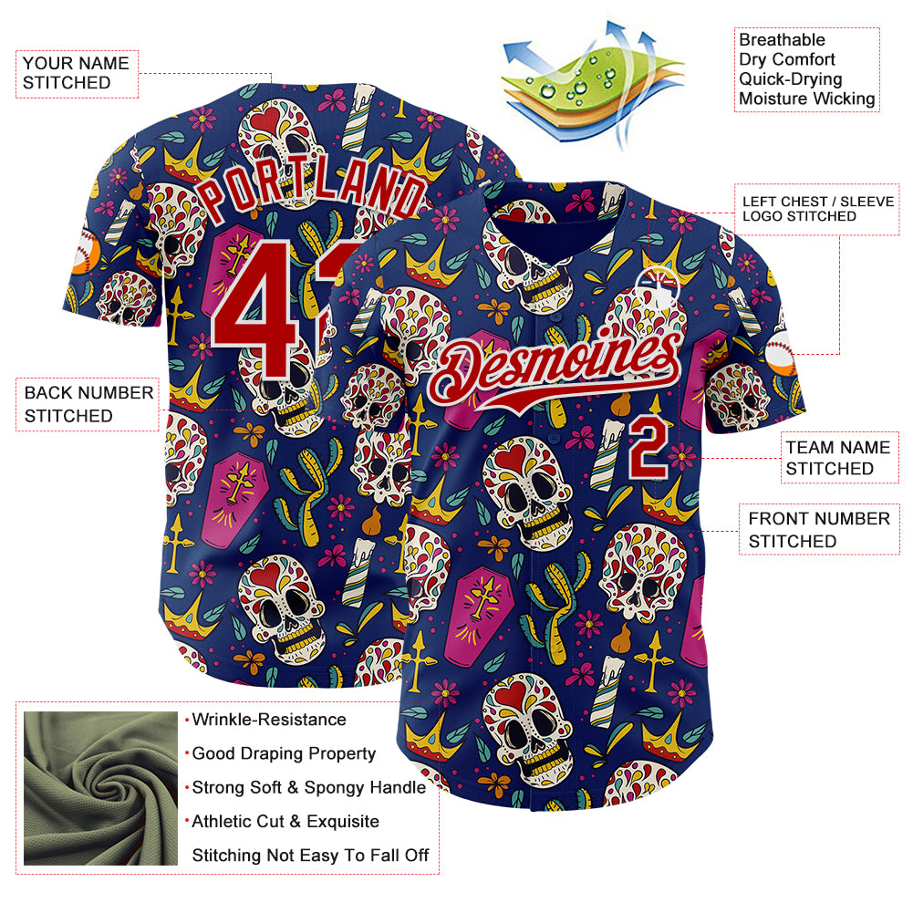 Custom US Navy Blue Red-White Sugar Skull Day of the Dead Mexican Folk Art Authentic Baseball Jersey