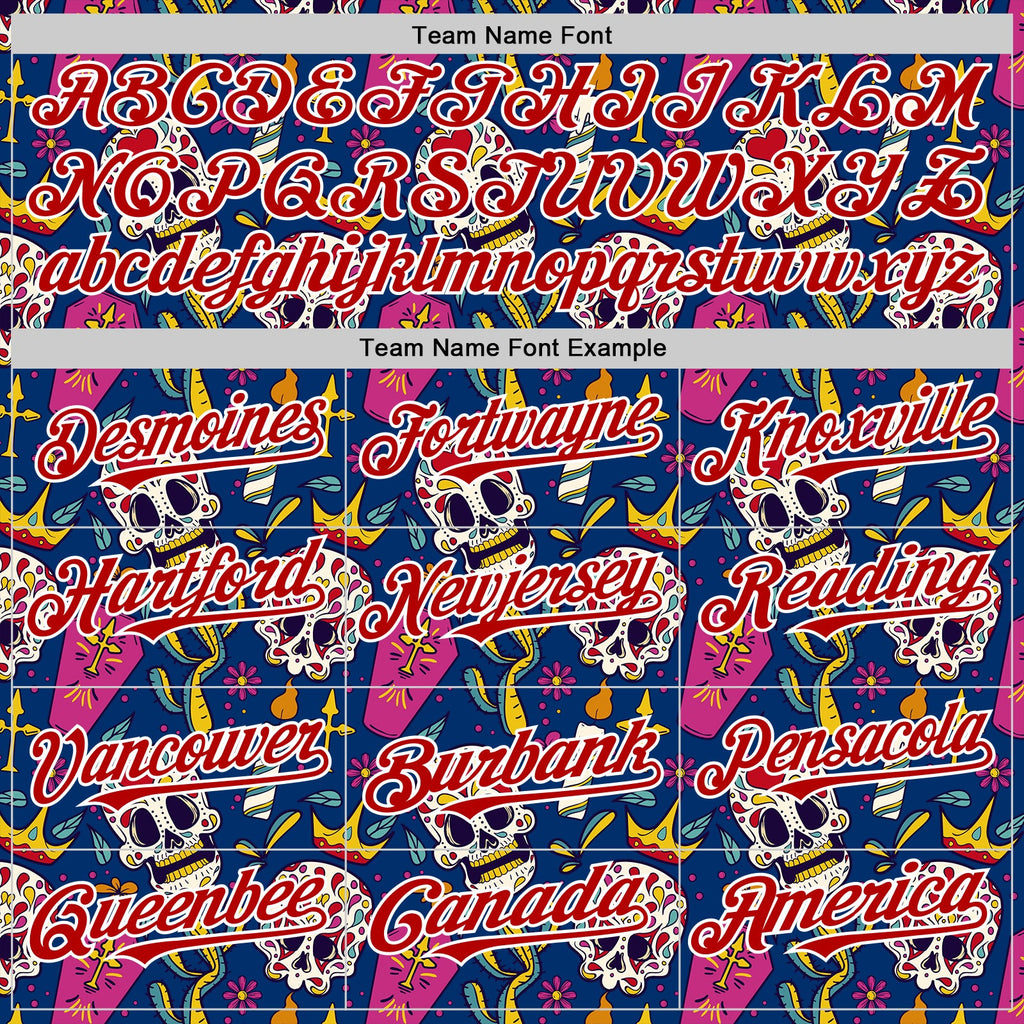 Custom US Navy Blue Red-White Sugar Skull Day of the Dead Mexican Folk Art Authentic Baseball Jersey