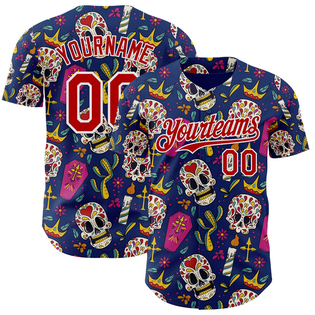 Custom US Navy Blue Red-White Sugar Skull Day of the Dead Mexican Folk Art Authentic Baseball Jersey