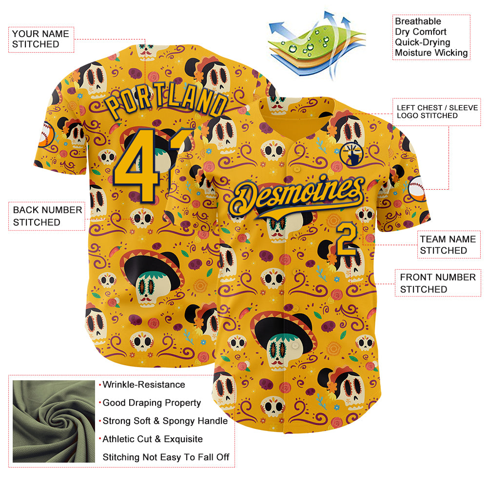 Custom Gold Navy Sugar Skull Day of the Dead Mexican Folk Art Authentic Baseball Jersey
