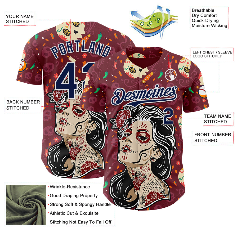Custom Burgundy Navy-White Sugar Skull Day of the Dead Mexican Folk Art Authentic Baseball Jersey