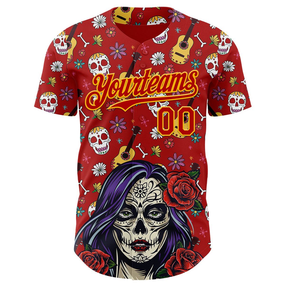 Custom Red Gold Sugar Skull Day of the Dead Mexican Folk Art Authentic Baseball Jersey