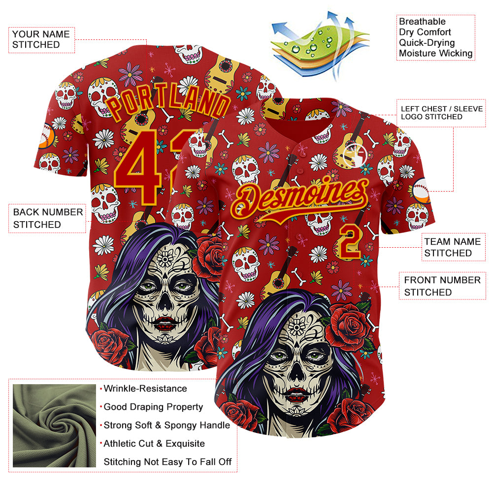 Custom Red Gold Sugar Skull Day of the Dead Mexican Folk Art Authentic Baseball Jersey