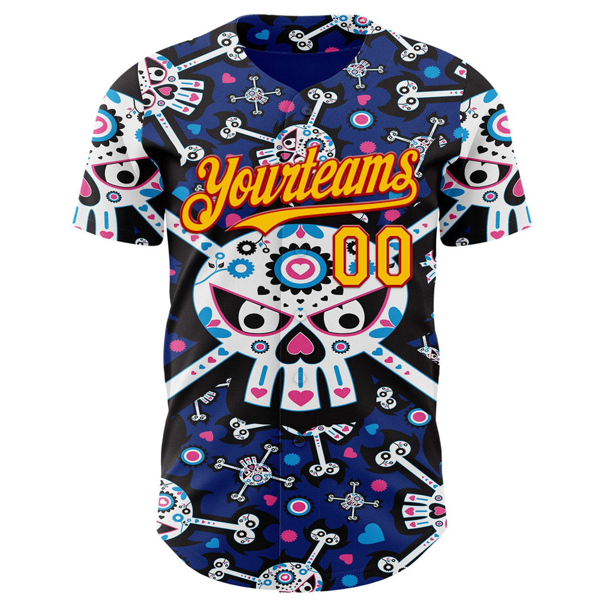 Custom Royal Gold-Red Sugar Skull Day of the Dead Mexican Folk Art Authentic Baseball Jersey