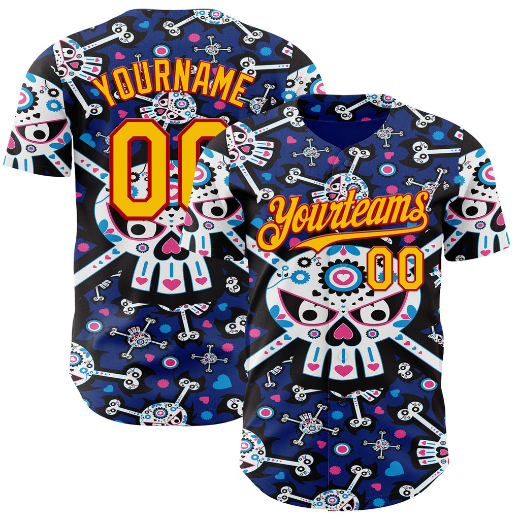Custom Royal Gold-Red Sugar Skull Day of the Dead Mexican Folk Art Authentic Baseball Jersey