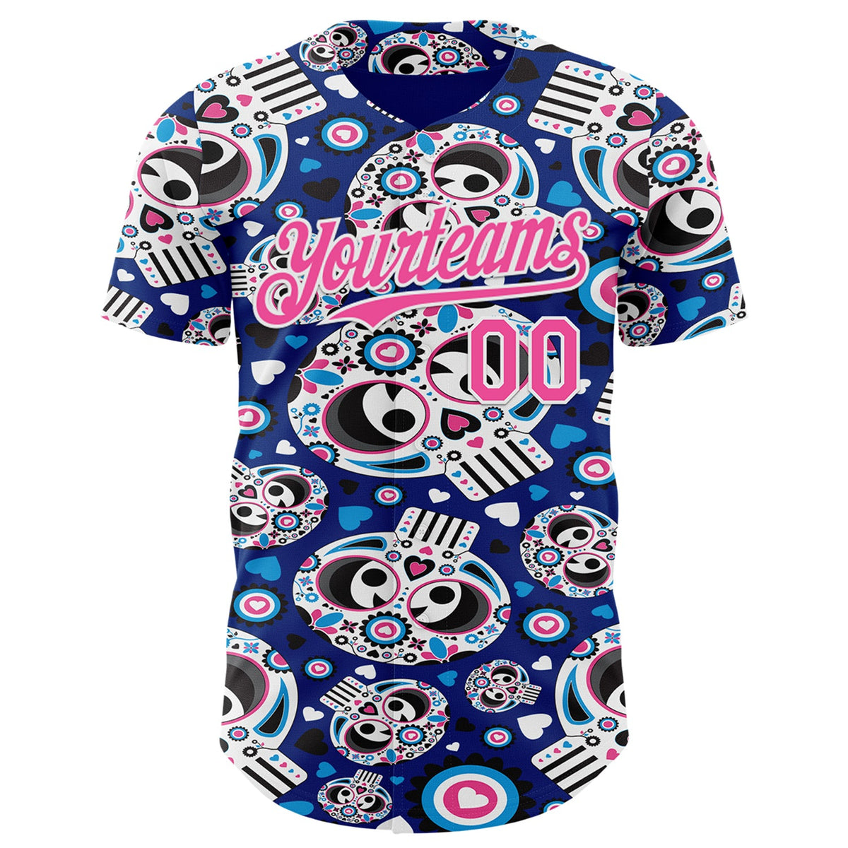 Custom Royal Pink-White Sugar Skull Day of the Dead Mexican Folk Art Authentic Baseball Jersey